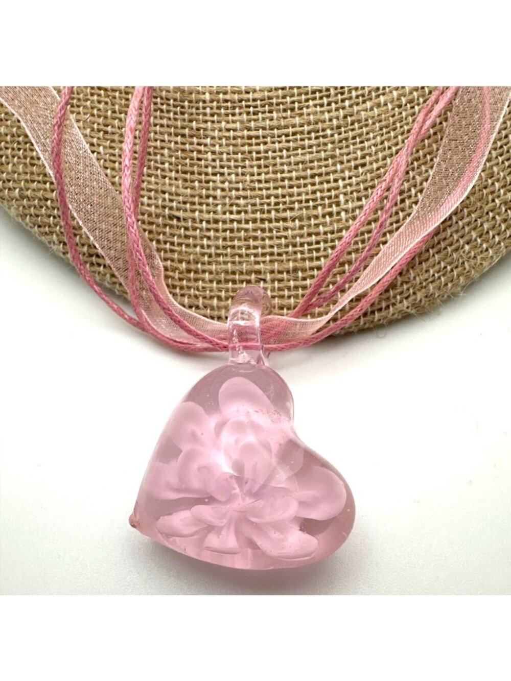 Fairycore Pink Heart Lampwork Pendant Necklace Glass Cottagecore Floral Coquette